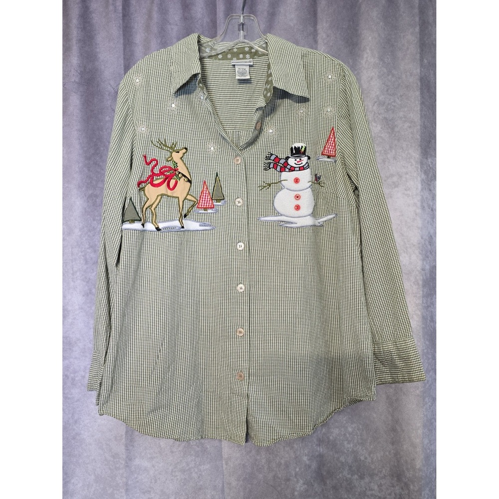 VTG Fashion Bug Christmas Shirt 14/16W Olive Gingham Snowman Reindeer Applique